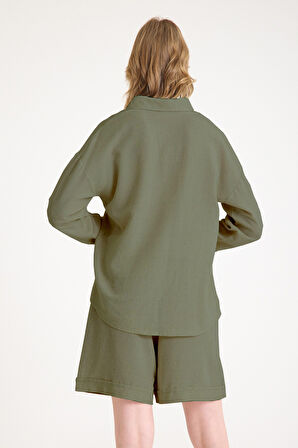 Keten Yazlık Uzun Kol Gömlek Şort Haki İkili Takım