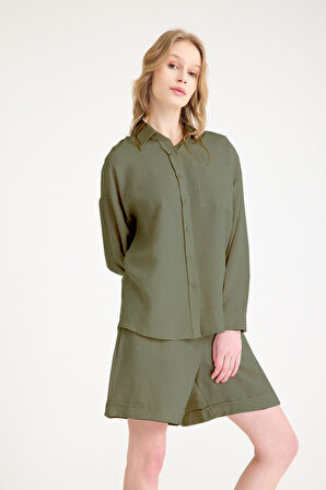 Keten Yazlık Uzun Kol Gömlek Şort Haki İkili Takım