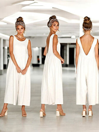 Sırt Detaylı Yazlık Şık Keten Tulum