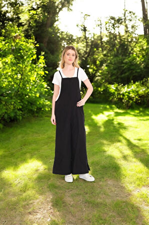 Yazlık Bol Kesim Askılı Keten Tulum