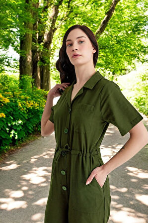 Yazlık Kısa Kollu Tasarım Keten Tulum