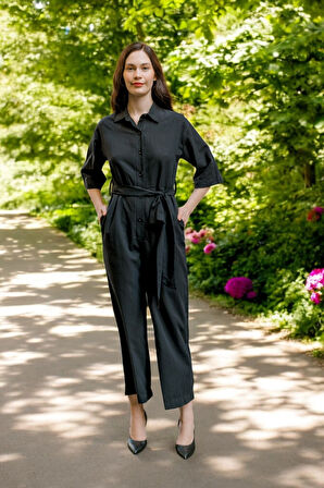 Yazlık Gömlek Yaka Keten Tulum