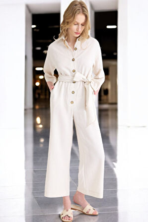 Yazlık Rahat Gömlek Yaka Keten Tulum