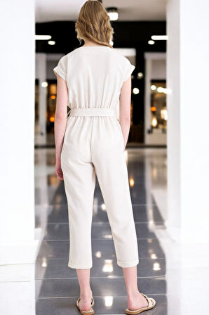 Yazlık V Yaka Kolsuz Keten Takım