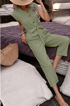 Yazlık V Yaka Kolsuz Tasarım Keten Tulum