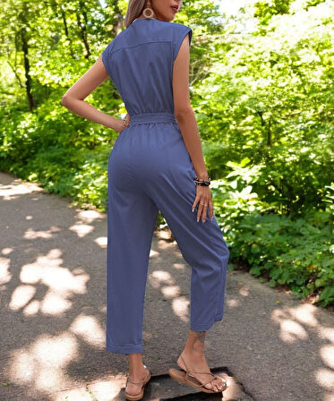 Yazlık V Yaka Düğmeli Keten Lacivert Tulum