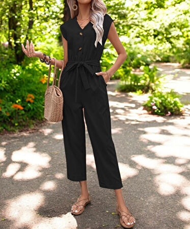 Yazlık Tek Sıra Düğmeli V Yaka Keten Tulum