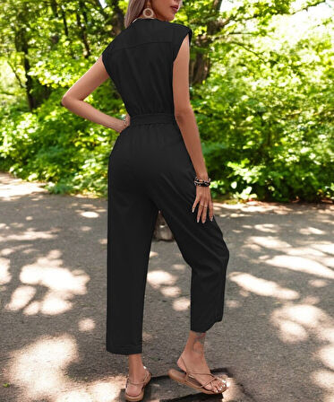 Yazlık Tek Sıra Düğmeli V Yaka Keten Tulum