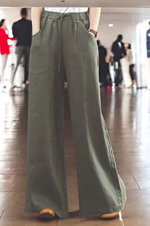 Yazlık Beli Lastikli Tasarım Keten Pantolon