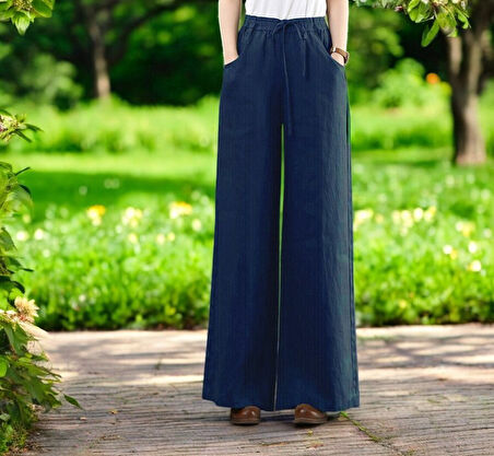 Günlük Beli Bağcıklı Şık Keten Pantolon