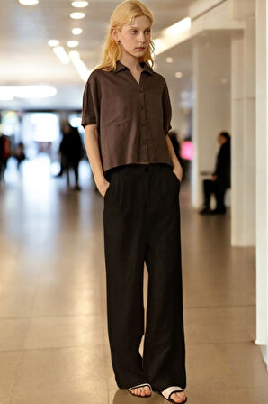 Yazlık Düğmeli Şık Keten Pantolon