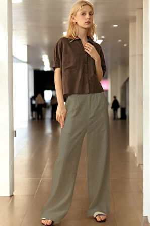 Günlük Düğmeli Keten Kadın Pantolon