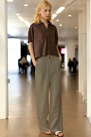 Günlük Düğmeli Keten Kadın Pantolon