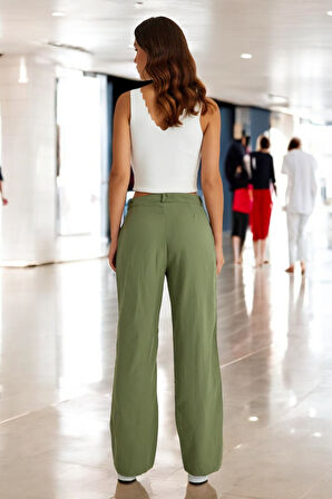 Yazlık Düğmeli Keten Kadın Pantolon