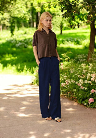 Günlük Tasarım Düğmeli Keten Pantolon