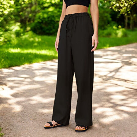 Günlük Beli Bağzıklı Keten Pantolon