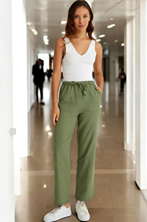 Beli Bağcıklı Yazlık Kadın Keten Pantolon