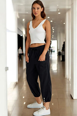 Yazlık Düğme Detaylı Kadın Keten Pantolon