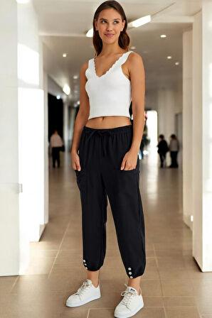 Yazlık Düğme Detaylı Kadın Keten Pantolon