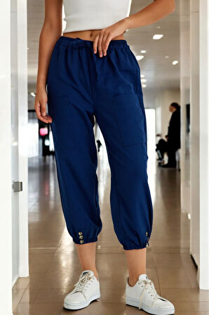 Günlük Düğme Detaylı Kadın Keten Pantolon