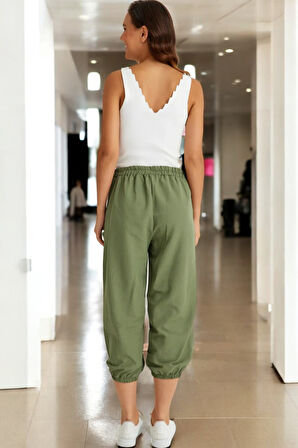 Beli Lastikli Düğme Detaylı Keten pantolon