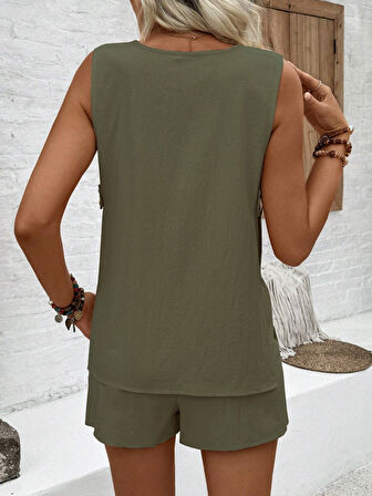 Keten Yazlık Dekolteli Kolsuz Bluz Şort İkili Haki Takım