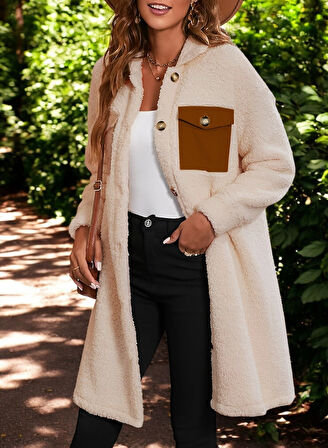 Kışlık Cep Detaylı Tasarım Peluş Ceket