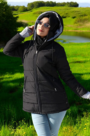 Kışlık Su Geçirmez Kapüşonlu Eldiven Detaylı Uzun Şişme Mont