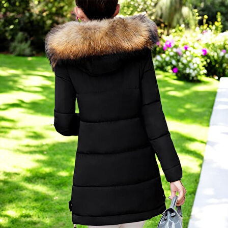 Kışlık Kürklü Kapüşonlu Uzun Şişme Mont