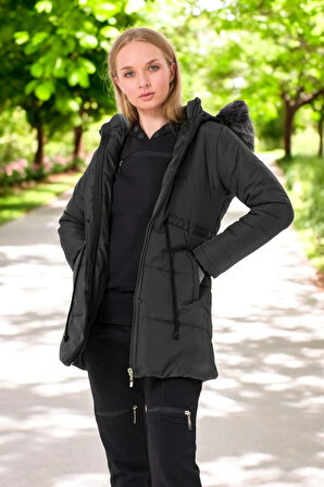 Kışlık Orta Boy Kürklü Kapüşonlu Su Geçirmez Rahat Kadın Şişme Mont