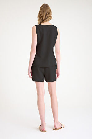 Keten Yazlık Dekolteli Kolsuz Bluz Şort İkili Siyah Takım