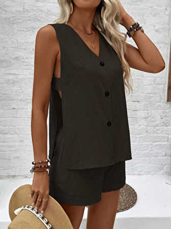 Keten Yazlık Dekolteli Kolsuz Bluz Şort Siyah İkili Takım