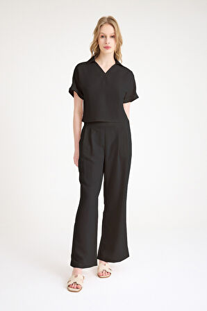 Yazlık Şık V Yaka Keten Siyah Takım