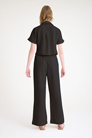 Yazlık Şık V Yaka Siyah Keten Takım