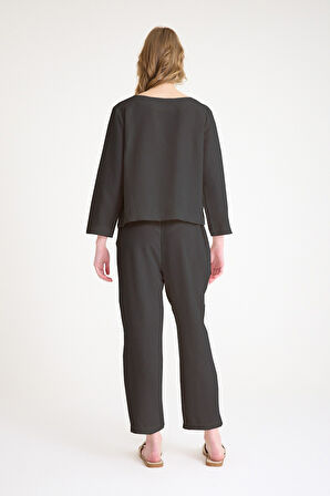 Yazlık Beli Kemerli Alt Üst Şık Siyah Keten Takım