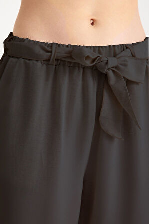 Yazlık Beli Kemerli Alt Üst Şık Siyah Keten Takım