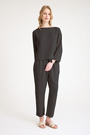 Yazlık Beli Kemerli Alt Üst Şık Siyah Keten Takım