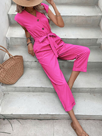 Keten Kadın V Yaka Tek Sıra Düğmeli Kolsuz Fuşya Tulum