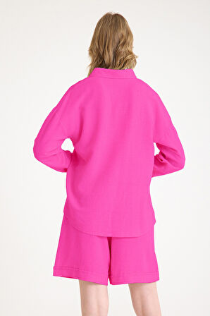 Yazlık Uzun Kol Gömlek Şort Keten İkili Fuşya Takım