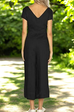 V Yaka Kısa Paça Keten Tulum