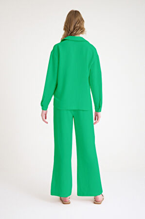 Günlük Yeşil Keten İkili Takım Alt Üst