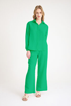 Günlük Yeşil Keten İkili Takım Alt Üst