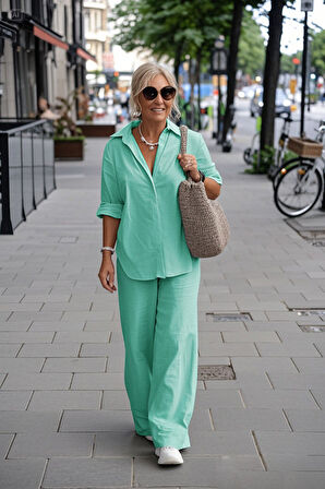 Keten Günlük Su Yeşili İkili Takım Alt Üst