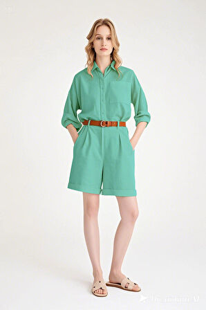 Yazlık Uzun Kol Keten Gömlek Şort İkili Su Yeşili Takım