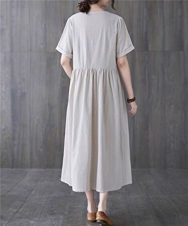 Keten Rahat V Yaka Beli Büzgülü Düğmeli Elbise