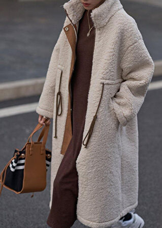 Kadın Peluş Beli Bağcıklı Kışlık Fermuarlı Ceket