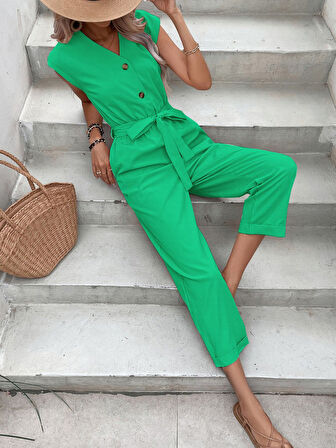Keten Kadın V Yaka Tek Sıra Düğmeli Kolsuz Tulum Yeşil