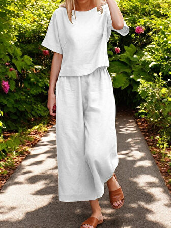 Beli Lastikli Keten Kadın Takım Alt Üst