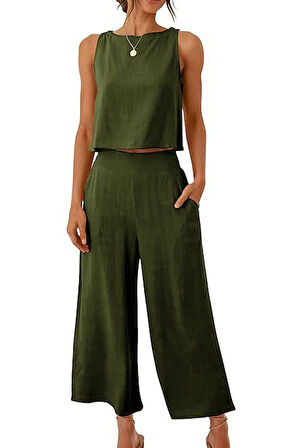 Keten Yazlık Yüksel Bel Capri Pantolon Sırt Detaylı Kolsuz İkili Takım