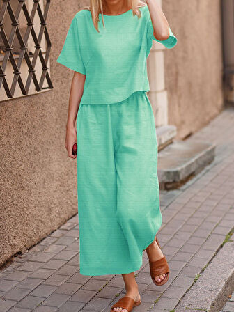 Günlük Rahat Beli Lastikli Kadın Su Yeşili Keten İkili Takım Alt Üst